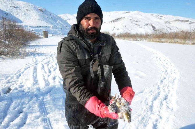 Yüksekova’da Buz Tutan Derede Kazma Ve Kürekli ’Eskimo Usulü’ Balık Avı