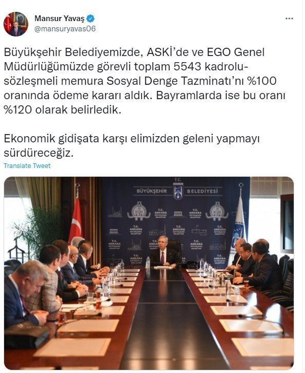 Ankara Büyükşehir Belediyesi Memurlarının Sosyal Denge Tazminatı Yüzde 100 Oranında Ödenecek