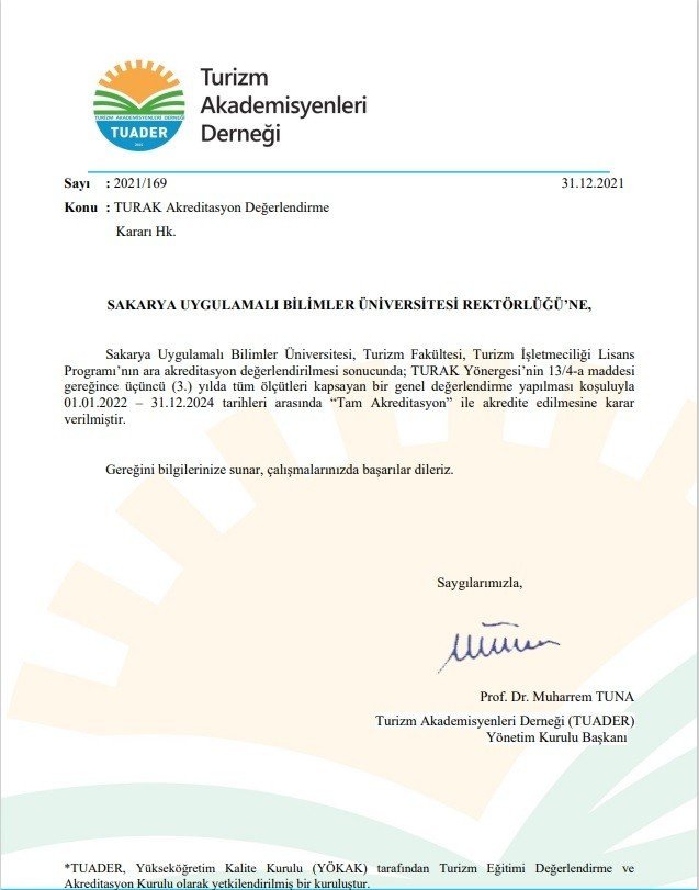 Subü Turizm İ̇şletmeciliği’ne Tam Akreditasyon