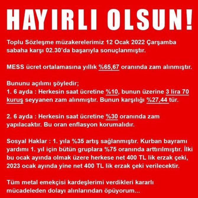 Türk Metal İle Mess Anlaştı: Yüzde 57,44 Zam