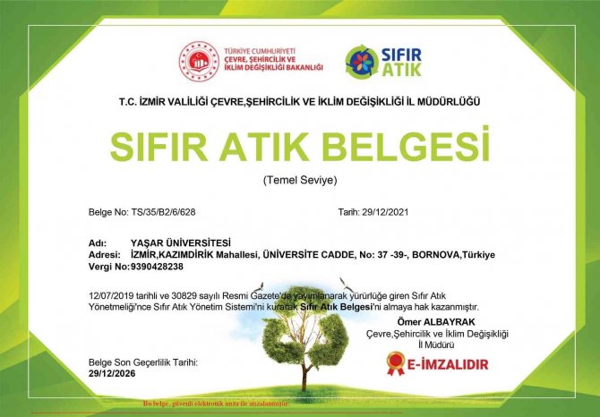 Yaşar Üniversitesine ‘Sıfır Atık’ Belgesi
