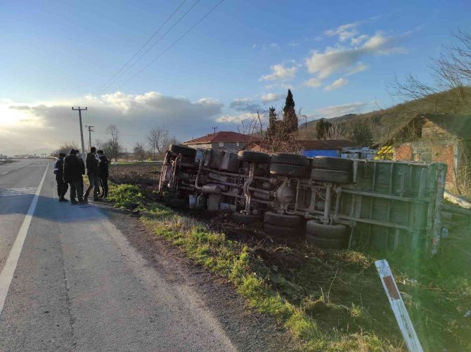 Tomruk Yüklü Kamyon Devrildi, Sürücünün Burnu Bile Kanamadı