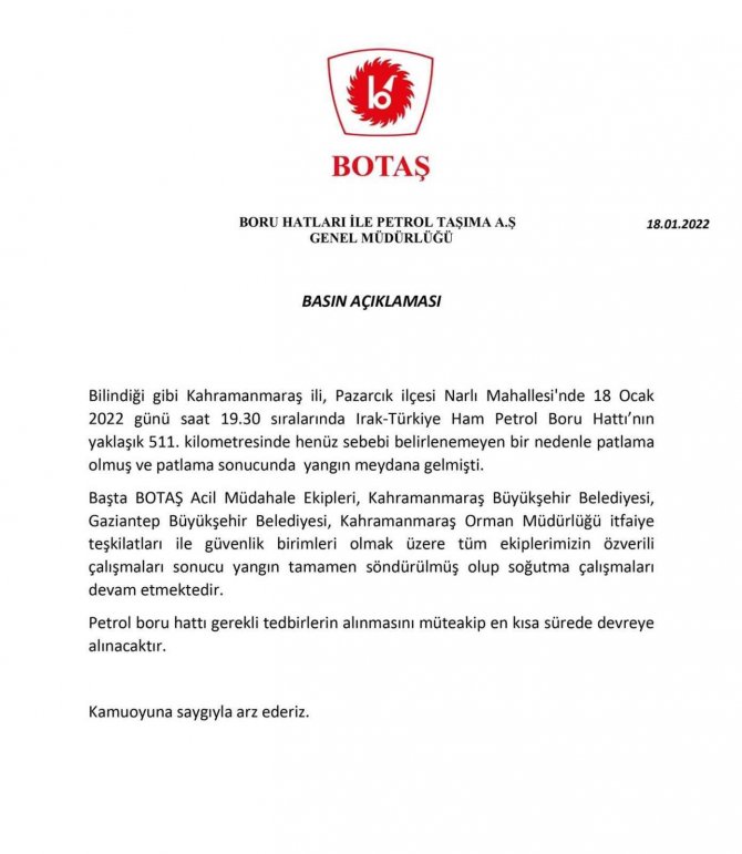 Botaş’tan Açıklama, “Yangın Tamamen Söndürüldü”