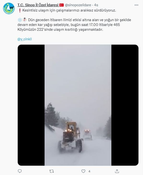 Sinop’ta Kar Hayatı Felç Etti: 222 Köy Yolu Kapalı