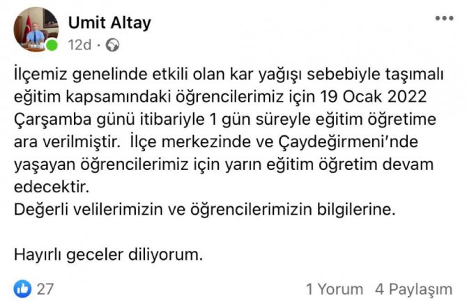 Devrek’te Kar Nedeniyle Taşımalı Eğitime Yarın Tatil