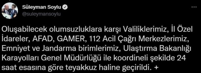 Bakan Soylu: “Kar Yağışı İle İlgili Tüm Valiliklerimiz Tekrar Uyarıldı”