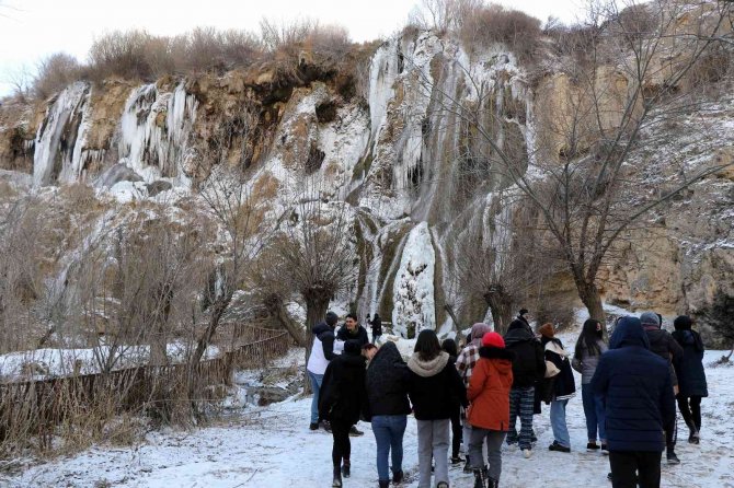 Buz Tutan Girlevik Şelalesi’nde 2 Metrelik Buz Sarkıtları Oluştu