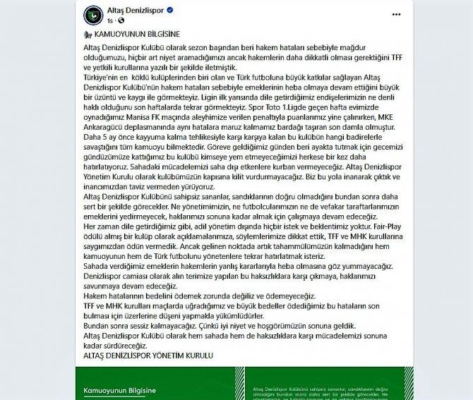 A. Denizlispor: “Hakem Hatalarının Bedelini Ödemek Zorunda Değiliz Ve Ödemeyeceğiz”