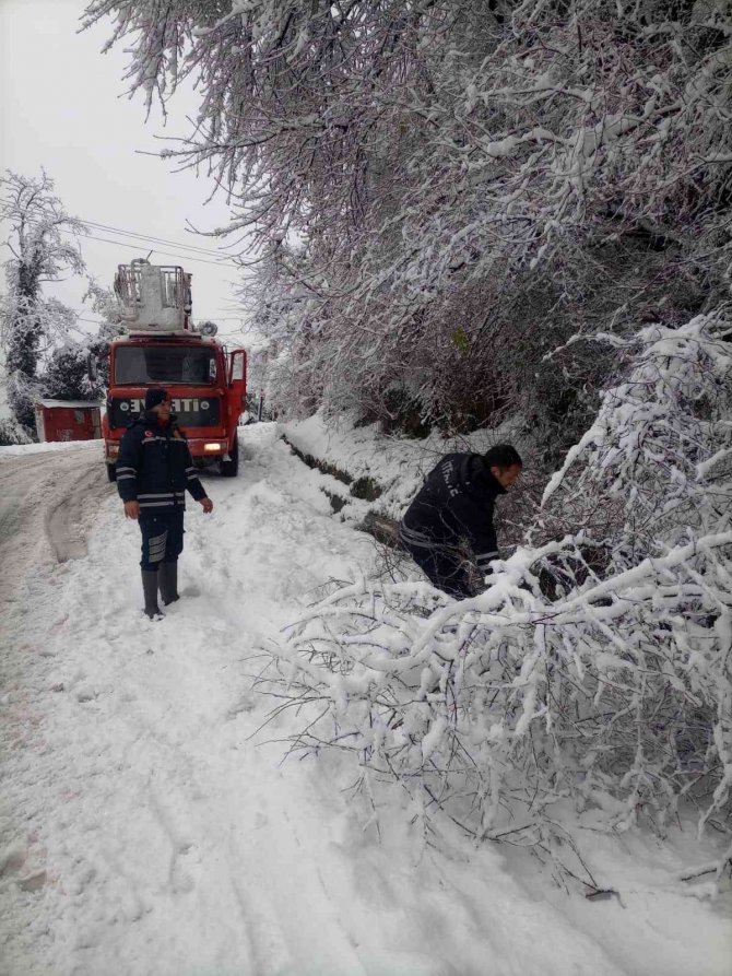 İ̇tfaiye Kardan Yola Devrilen Ağaçları Kesti
