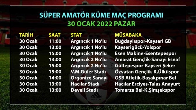 Kayseri Süper Amatör’de Maçlar Pazar Günü