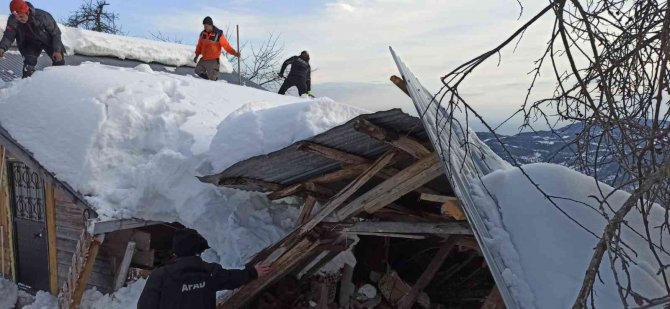 Karın Ağırlığına Dayanamayan Ahırın Çatısı Çöktü, Ekipler Hayvanlar İçin Seferber Oldu