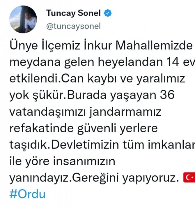 Vali Sonel’den Ordu’daki Heyelan Açıklaması