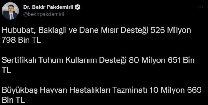 Pakdemirli, 629 Milyon Liralık Tarım Destek Ödemelerini Çiftçilerin Hesaplarına Aktarmaya Başladıklarını Duyurdu