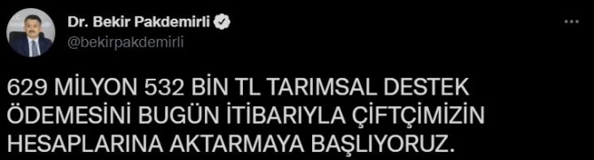 Pakdemirli, 629 Milyon Liralık Tarım Destek Ödemelerini Çiftçilerin Hesaplarına Aktarmaya Başladıklarını Duyurdu