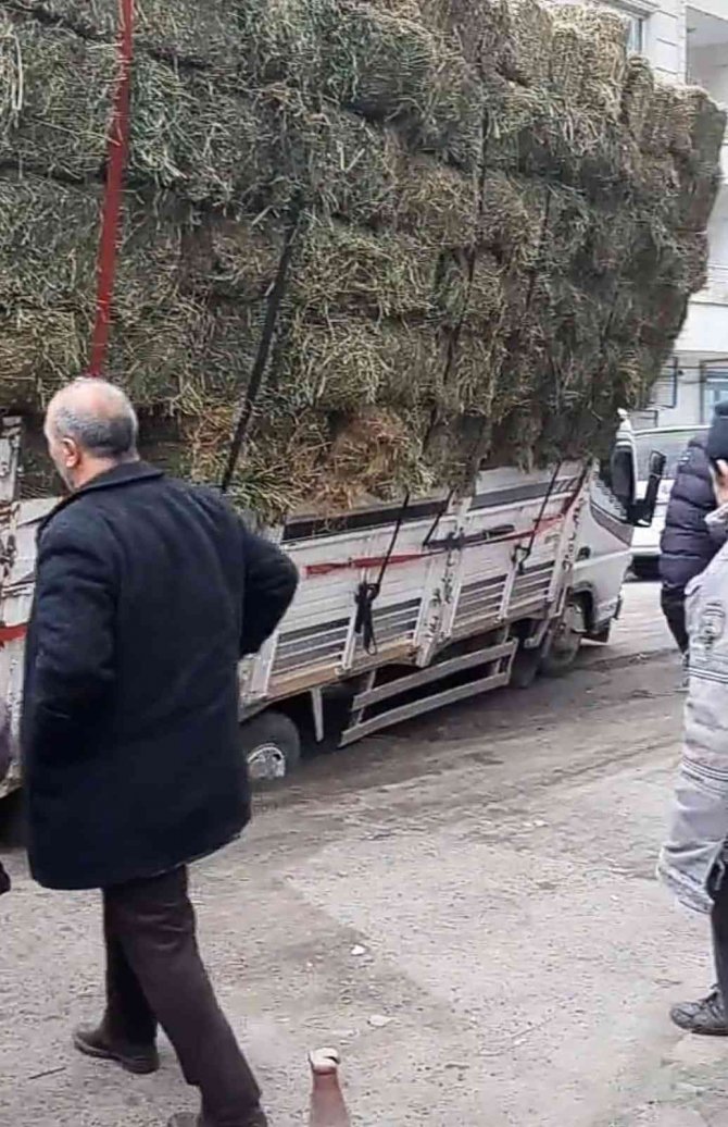 Yol Çöktü, Ot Yüklü Kamyon Çukura Saplandı
