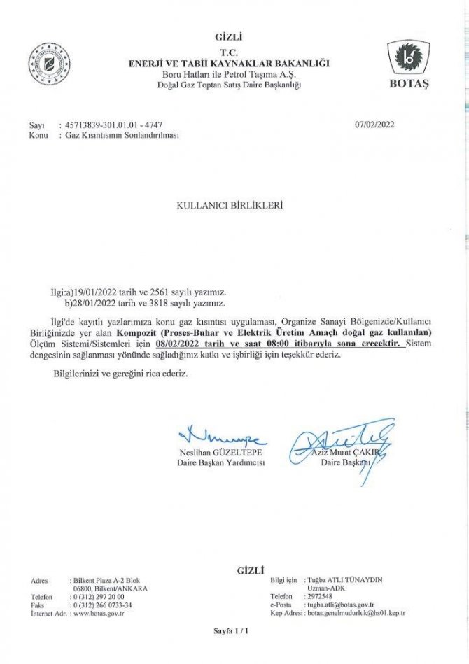 Kayseri Osb’de Doğalgaz Kısıtlaması Sona Eriyor