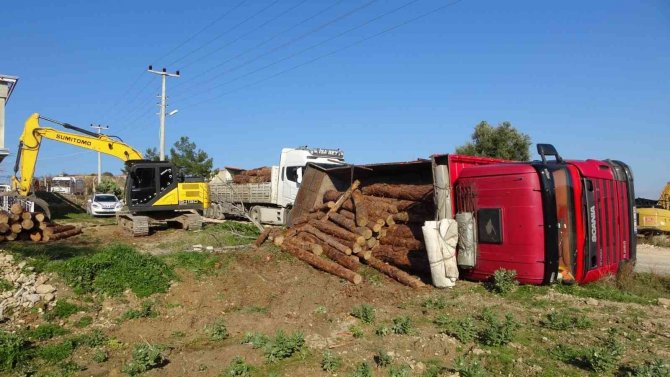 Yangın Bölgesinde Kesilen Ağaçları Taşıyan Kamyon Devrildi