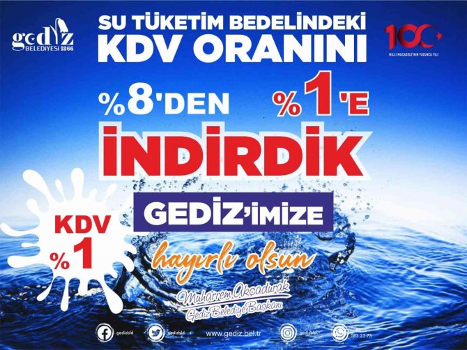Gediz’de Su Tüketim Bedelinde Kdv Oranı Yüzde 1’e Düşürüldü