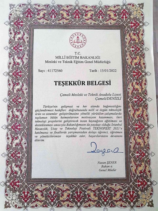 Bakanlık, Teknofest 2021’de Denizli’yi Temsil Eden Çameli’yi Onurlandırdı