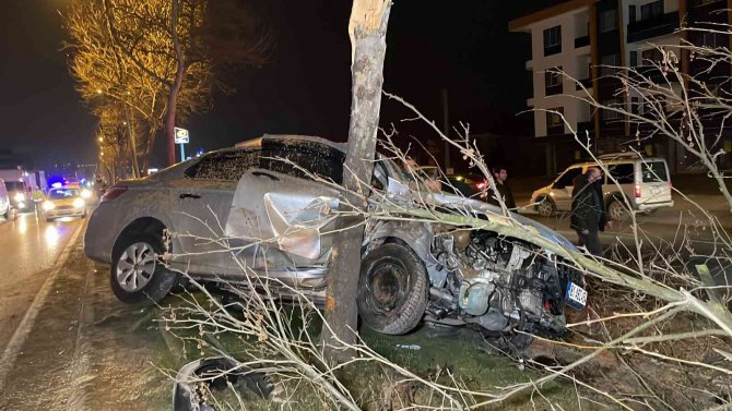 Otomobil Ağaca Asılı Kaldı