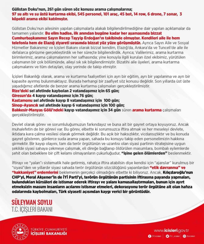 Bakan Soylu: “Gülistan Doku’nun Kaybolmasının Ardından 261 Günlük Arama Kurtarma Çalışması Sürdürüldü”