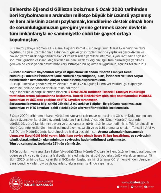 Bakan Soylu: “Gülistan Doku’nun Kaybolmasının Ardından 261 Günlük Arama Kurtarma Çalışması Sürdürüldü”
