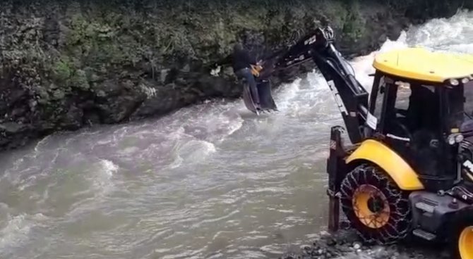 Dereye Düşen Kedi Kepçe Yardımıyla Kurtarıldı