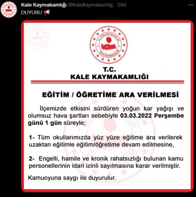 Denizli’de Mart Ayında Eğitime Kar Engeli