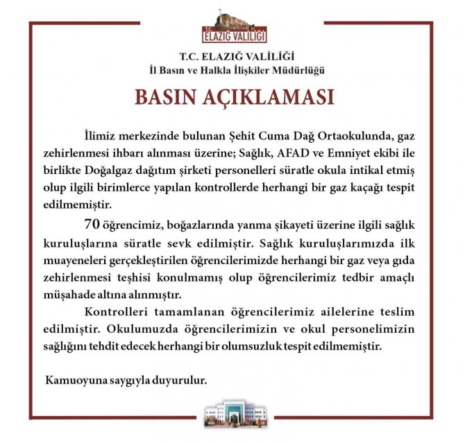 Valilikten Açıklama: “Öğrencilerimize Herhangi Bir Gaz Veya Gıda Zehirlenme Teşhisi Konulmamıştır”