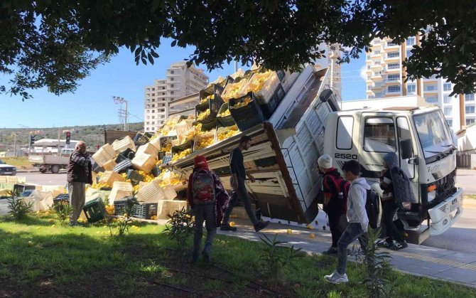 Kamyonun Kasası Yan Yattı, Limonlar Etrafa Saçıldı