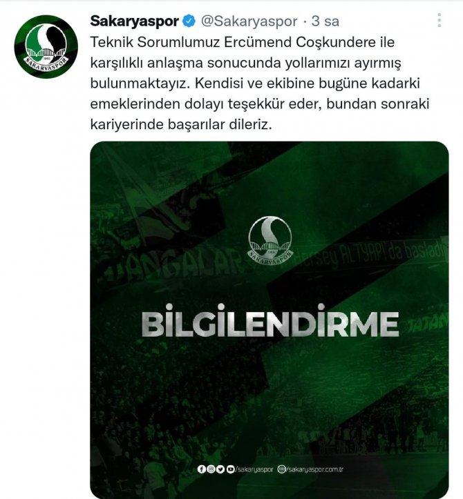 Sakaryaspor, Teknik Direktör Coşkundere İle Yollarını Ayırdı