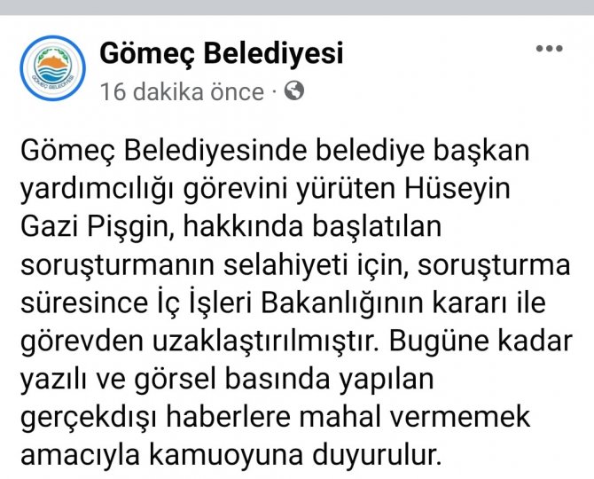 Gömeç Belediye Başkan Yardımcısı Pişgin Görevinden Uzaklaştırıldı