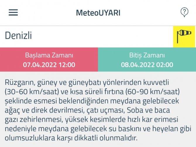 Meteorolojiden Denizli’ye Sarı Uyarı