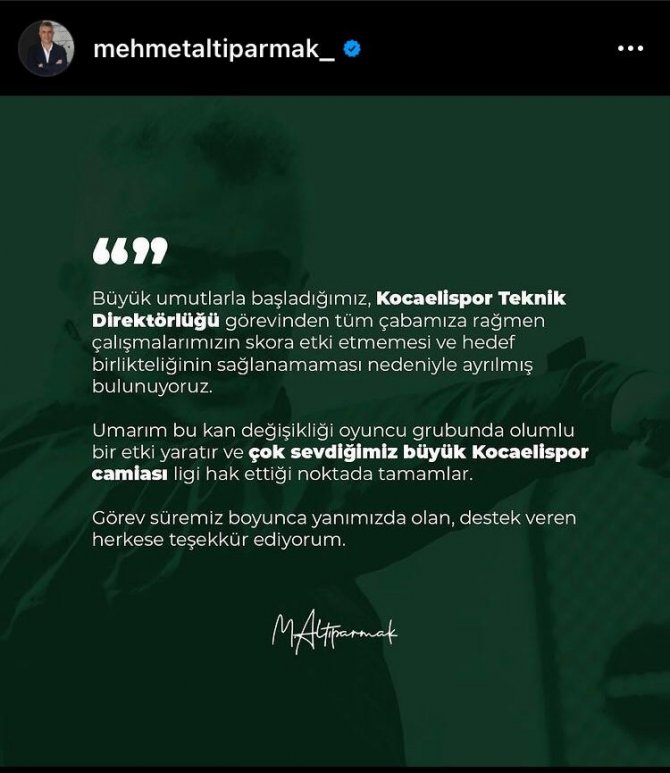 Mehmet Altıparmak Kocaelispor’a Veda Etti