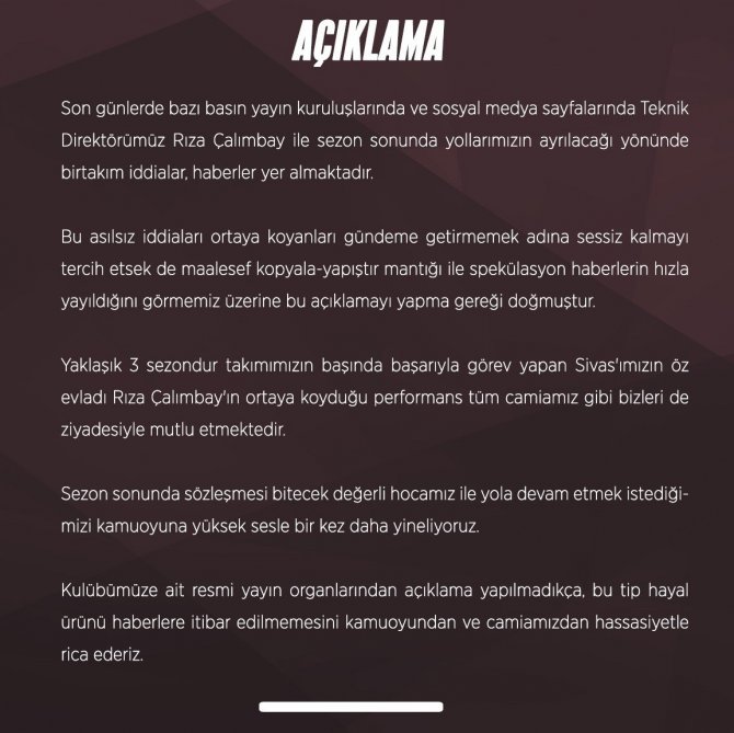 Sivasspor’dan Rıza Çalımbay Açıklaması!