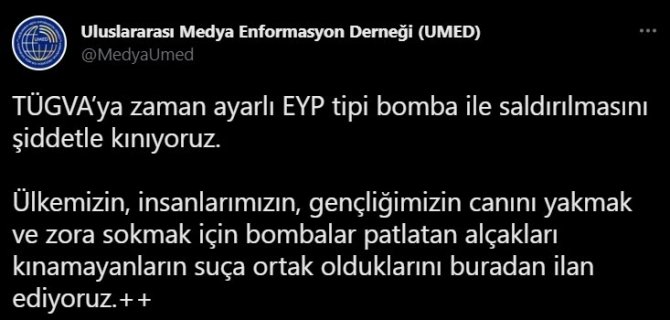 Umed, Tügva’ya Eyp Tipi Bomba İle Saldırılmasını Kınadı