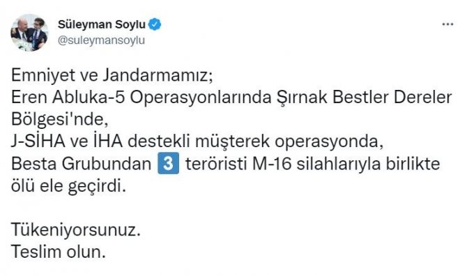 Bakan Soylu Duyurdu: “Besta Grubundan 3 Terörist Silahlarıyla Birlikte Ölü Ele Geçirildi”