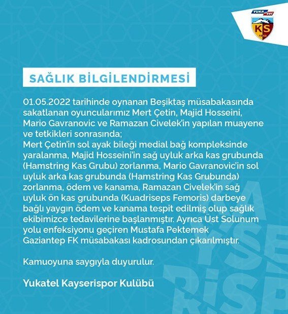 Kayserispor’dan Sağlık Bilgilendirmesi