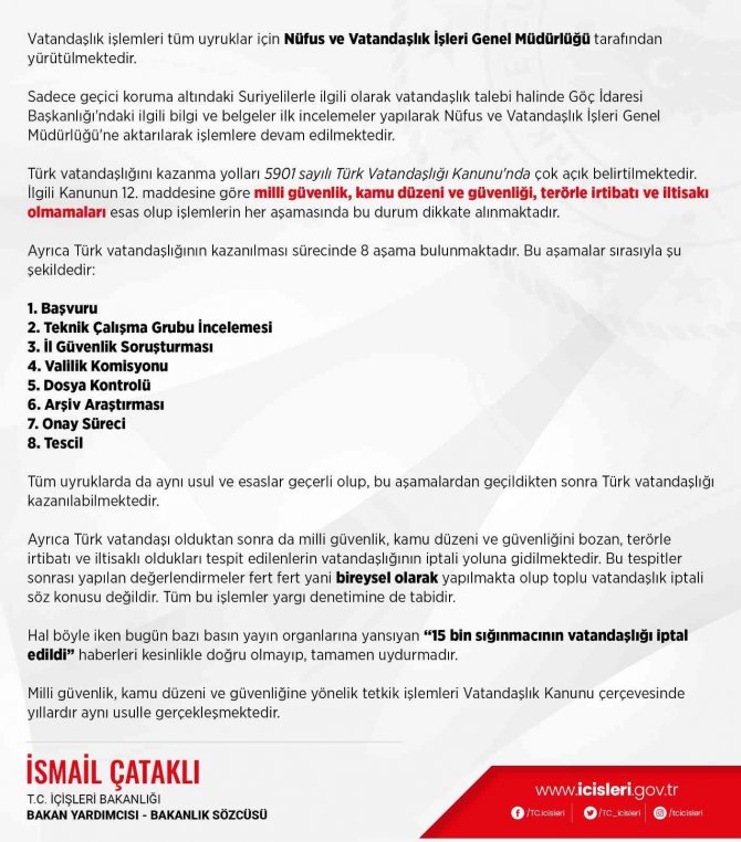 İ̇çişleri Bakanlığı Sözcüsü Çataklı: “15 Bin Sığınmacının Vatandaşlığının İptal Edildiği Haberleri Uydurma”