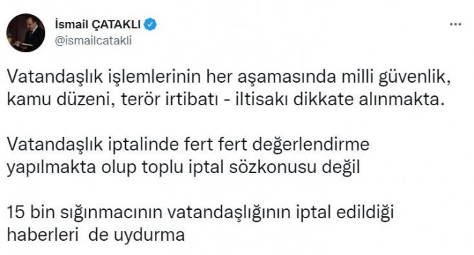 İ̇çişleri Bakanlığı Sözcüsü Çataklı: “15 Bin Sığınmacının Vatandaşlığının İptal Edildiği Haberleri Uydurma”