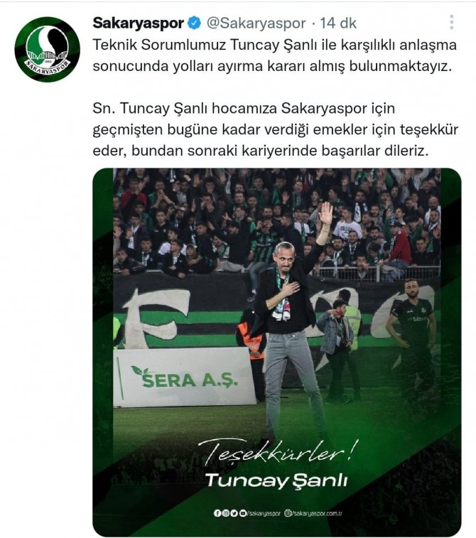 Sakaryaspor, Tuncay Şanlı’yla Yollarını Ayırdı