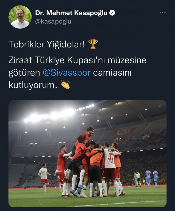 Bakan Kasapoğlu’ndan Sivasspor İçin Tebrik Mesajı