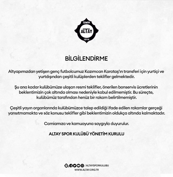 Altay’dan Kazımcan Karataş’ın Transferi Hakkında Açıklama