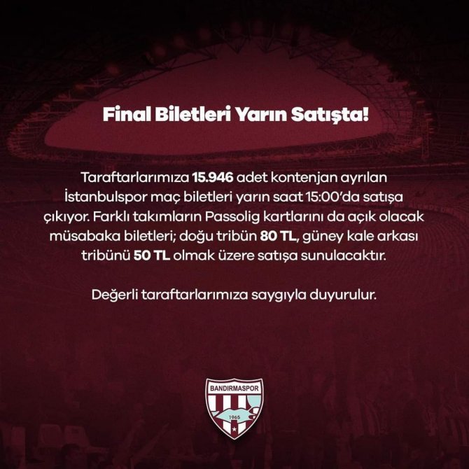 Bandırmaspor - İ̇stanbulspor Biletleri Satışa Sunuluyor