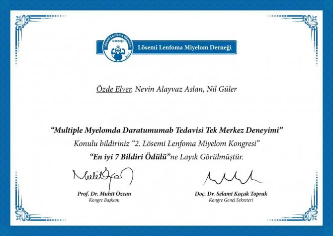 Hematoloji Bilim Dalına En İyi Bildiri Ödülü