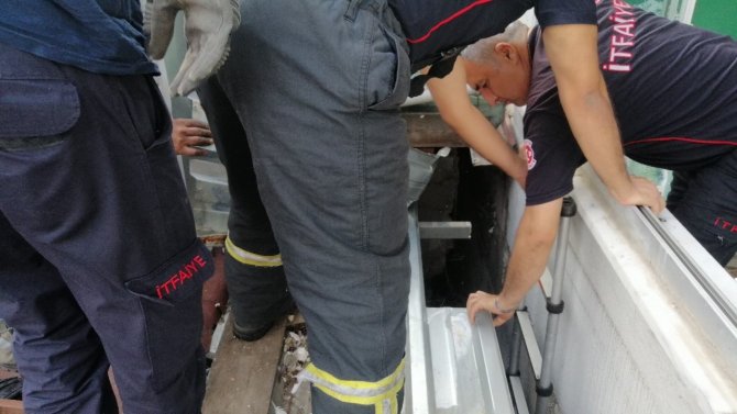 İ̇ki Bina Arasında Mahsur Kalan Kediye İtfaiyeden Kurtarma Operasyonu