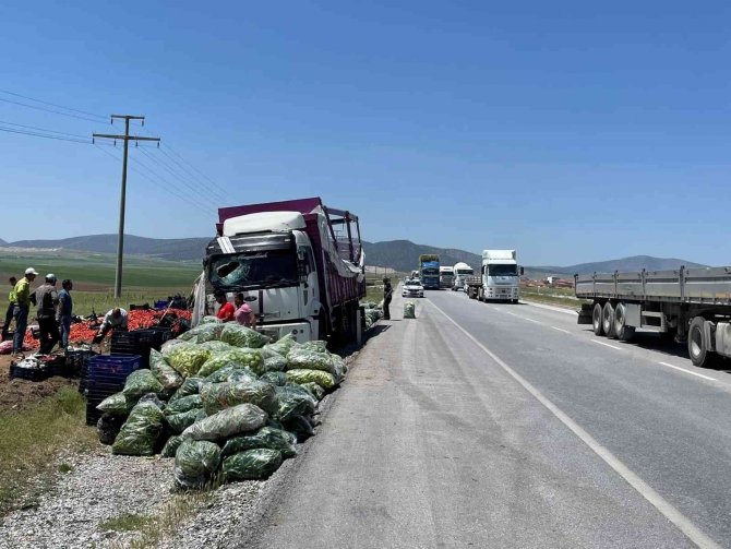 Kontrolden Çıkan Dolmalık Biber Yüklü Kamyon Refüje Devrildi