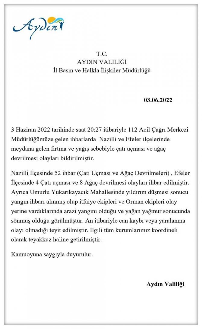 Aydın Valiliği Fırtına Bilançosunu Açıkladı