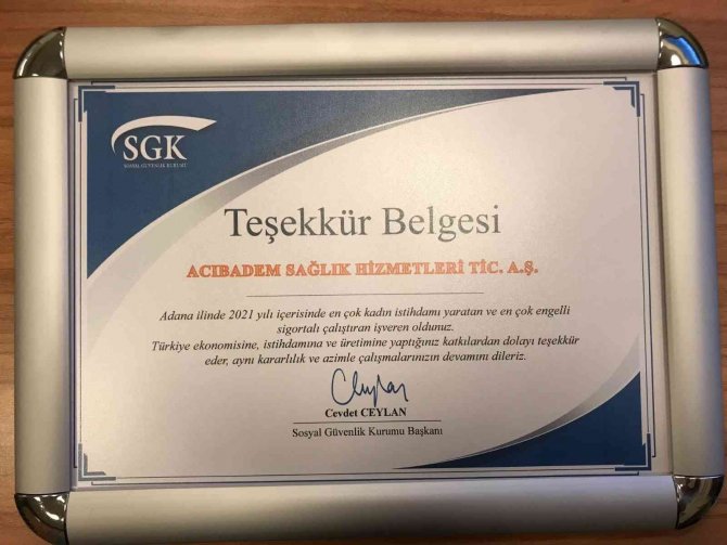 Acıbadem Adana Hastanesi’ne Sgk’dan Ödül