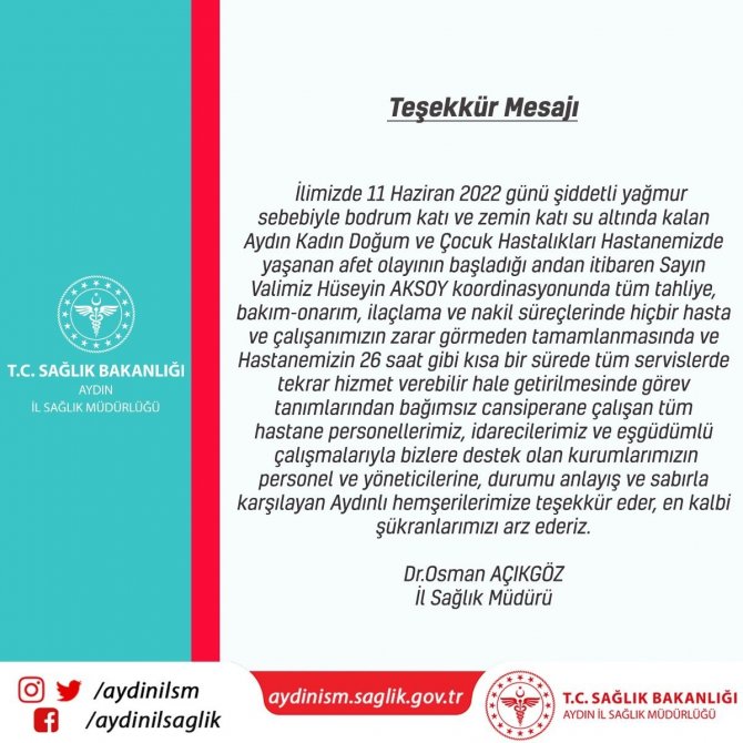 İ̇l Sağlık Müdürü Açıkgöz; "Hastanemiz 26 Saat Gibi Kısa Bir Sürede Tekrar Hizmet Verebilir Noktaya Geldi"